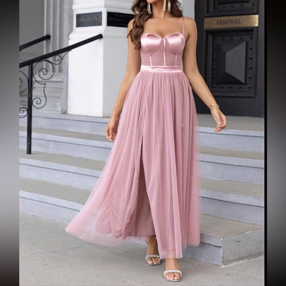 Luxe mesh satin party formal dress - Picture 5 of 7